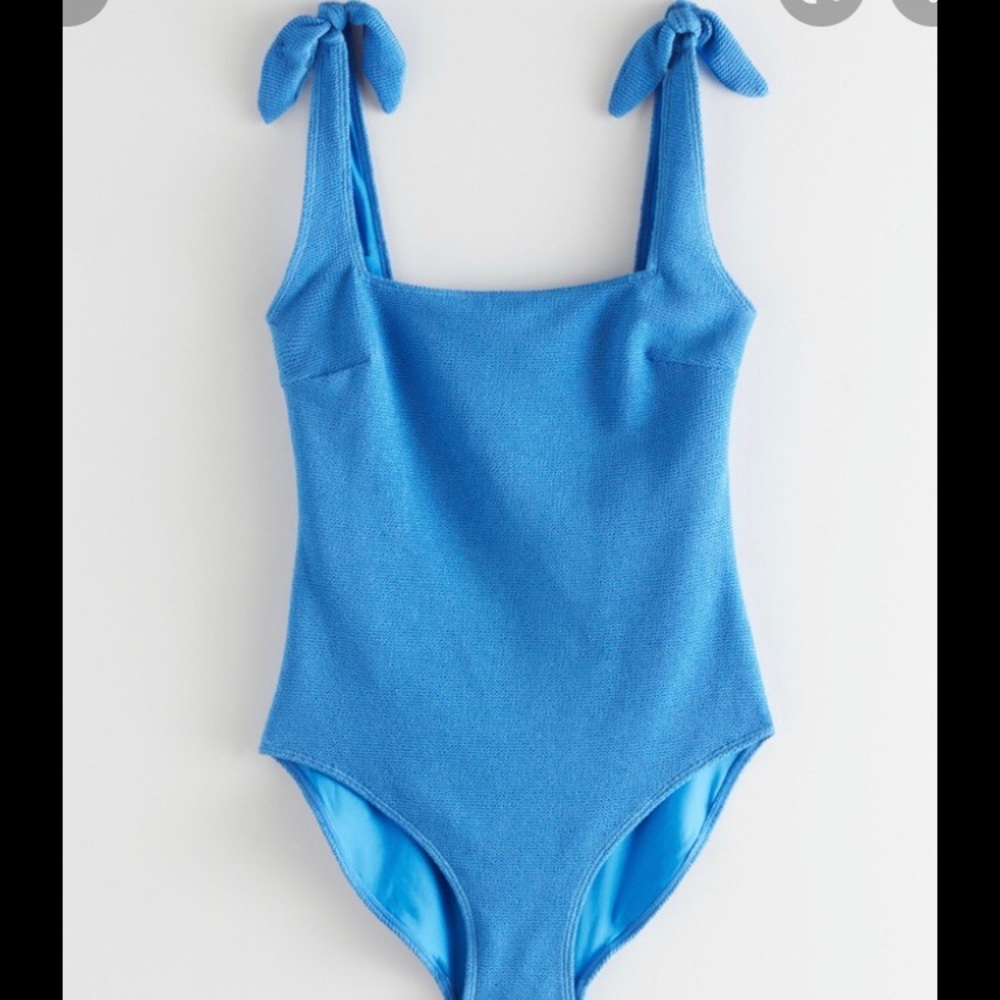 & Other Stories blue shoulder tie one piece swimsuit, size 6